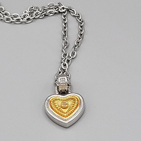 Silver Tone Mini Heart Pendant Necklace Gold Charm Round Link Chain 16 in - Picture 2 of 9